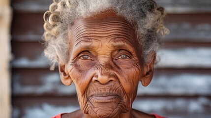 close-up of face of a very old afro american woman with heavy wrinkles and grey hair