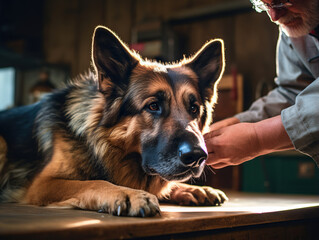 A veterinary doctor examines a large sheepdog lying on a table in a veterinary hospital. - obrazy, fototapety, plakaty