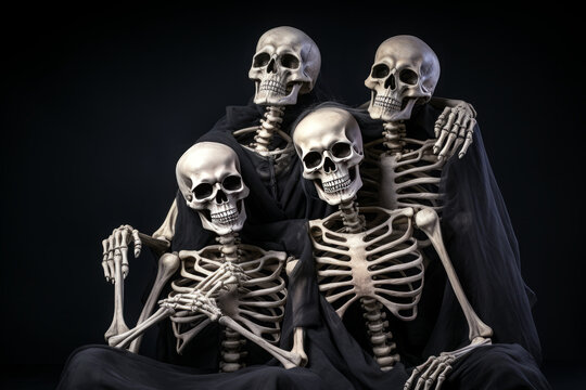 Portrait photo of skeleton family. Funny dead people spending time together