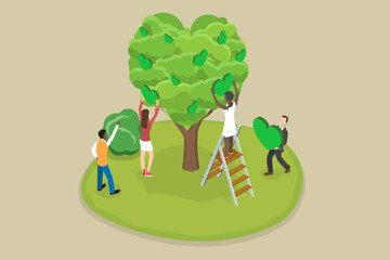 3D Isometric Flat Vector Illustration of Love And Care For Environment, Volunteer's Teamwork