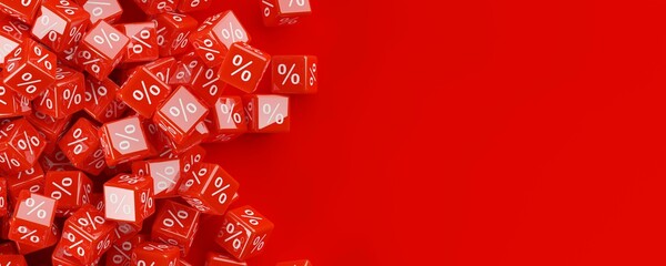 Heap of red cubes or dice with percent sign symbol border on red background, sale, discount or sales price reduction concept, flat lay top view from above - obrazy, fototapety, plakaty