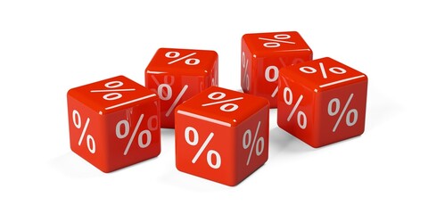 Five red cubes or dice with percent sign symbol on white background, sale, discount or sales price reduction concept