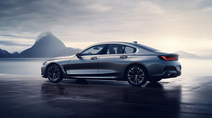  a side profile of a luxury sedan with advanced aerodynamics and smart features, showcasing the...