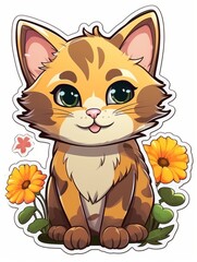 Cartoon sticker cute kitten with flowers, AI