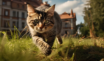 Obraz premium Cats run and jump on the grass with buildings in the background