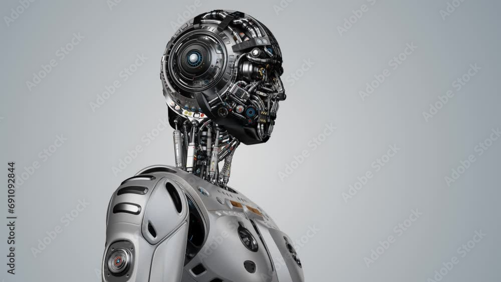 Poster humanoid robot or futuristic cyber man touches his head or makes use your mind gesture. 3d rendering