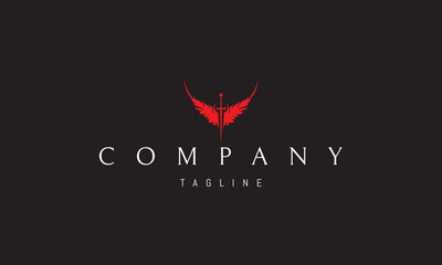 A vector red logo with an abstract image of a sword with wings in the form of fire.