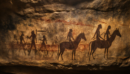 Fictitious recreation of rock paintings on a wall of a prehistoric cave
