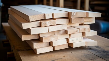 A stack of freshly planed wooden planks on a workbench in a woodworking shop.