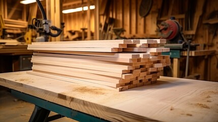 A stack of freshly planed wooden planks on a workbench in a woodworking shop. - obrazy, fototapety, plakaty