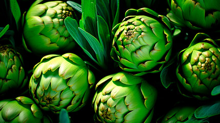 a group of fresh artichokes, just picked from an organic garden. close-up shot from above - 691093425