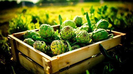 close up of a tray full of delicious freshly picked farm fresh artichokes, organic product. view from above. AI generate - 691093435