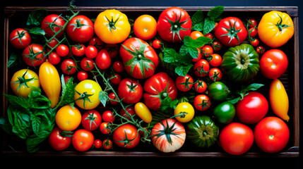a large selection of tomatoes of different species and colours, freshly picked from the field, inside a wooden box seen from above. - 691093436