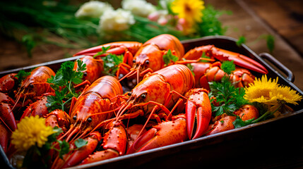 a large selection of fresh lobsters, just caught from the sea, inside a wooden box seen from above. - 691093462