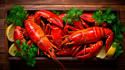 a large selection of fresh lobsters, just caught from the sea, inside a wooden box seen from above. - 691093477