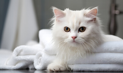 Obraz premium a cute white cat soft fur with a towel blanket after bathing