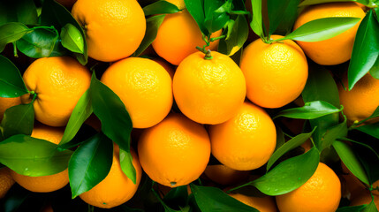 Delicious fresh oranges from an organic farm with its leaves, close-up shot from above. AI generated - 691093487