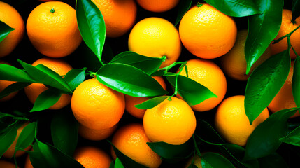 Delicious fresh oranges from an organic farm with its leaves, close-up shot from above. AI generated - 691093496