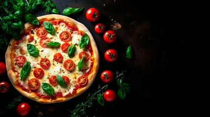 Delicious tasting Italian pizza with mozzarella cheese, cherry tomatoes and basil on top. resting on a black table, framed by cherry tomatoes and basil leaves seen from above. copy space - 691093614