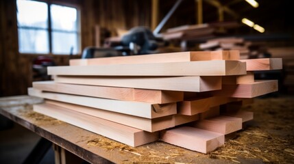 A stack of freshly planed wooden planks on a workbench in a woodworking shop.