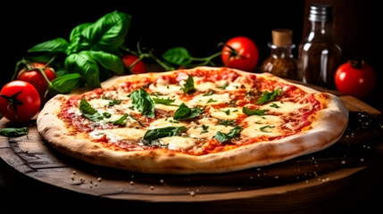 Margherita pizza, Italian pizza with a delicious taste. mozzarella, tomato sauce and basil on top. resting on a table, seen from above - 691093622