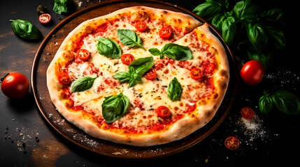 Margherita pizza, Italian pizza with a delicious taste. mozzarella, tomato sauce and basil on top. resting on a table, seen from above - 691093623