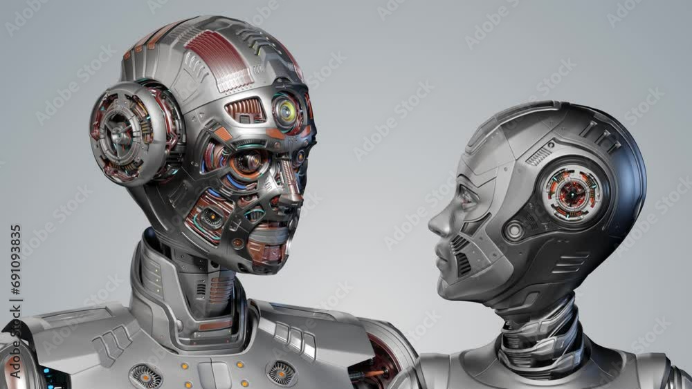 Poster two detailed futuristic robots looking at each other. male and female humanoids. 3d rendering animat