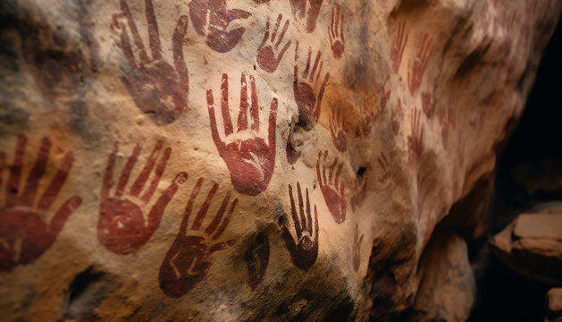 Recreation of rock paintings of hands on a wall of a prehistoric cave