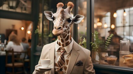 Giraffe enjoying coffee at cafe