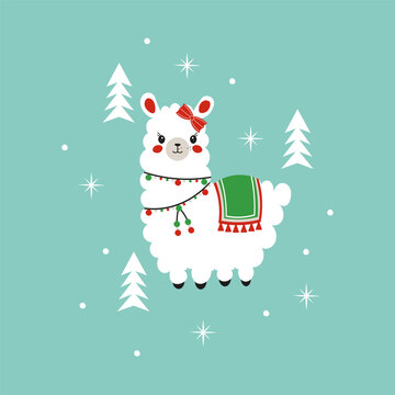 Christmas cute animal. Apaca with bow and cape. Lama Flat Vector Illustration for card tshirt design