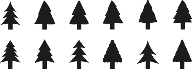 Merry Christmas and Happy New Year. Collection of fir trees. Black and white design. Simple signs, symbols. Vector illustration