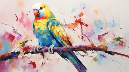 a whimsical depiction of a playful parakeet, its lively and curious demeanor captured in vibrant strokes on a clean white surface, reflecting the playful nature of these charming birds.