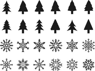 Merry Christmas and Happy New Year. Collection of fir trees and snowflakes. Black and white design. Simple signs, symbols. Vector illustration