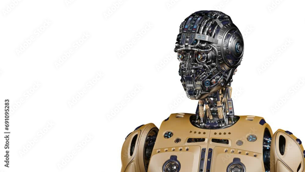 Poster futuristic robot man walk or very detailed humanoid cyborg steps from right to left side of the scre