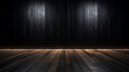 Stylish 3D Interior Design: Modern Dark Room with Wooden Floor on Black Wall - Elegant Architecture and Minimalist Luxury Living Space Concept.