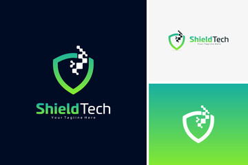 Shield tech pixel logo design vector, protect logo design template