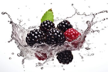 Blackberry with leaf in water splash isolated on black background.