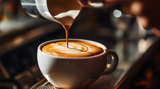 A close-up of a barista blending steamed milk with espresso to form artistic latte.
