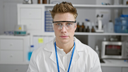 Serious young caucasian man scientist, tall and handsome, wearing security glasses, deep in concentration at his lab work