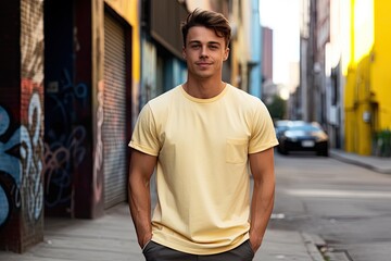 Obraz premium Man in a yellow T-shirt against the background of the city