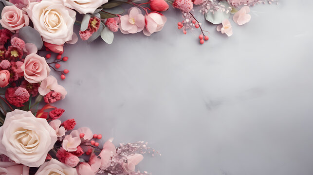 Flowers composition. Wreath made of rose flowers, eucalyptus branches on pastel gray background. Flat lay, top view, copy space, square. Generative AI
