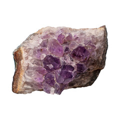 Crystal Stone macro mineral, purple rough amethyst quartz crystals on transparent background .