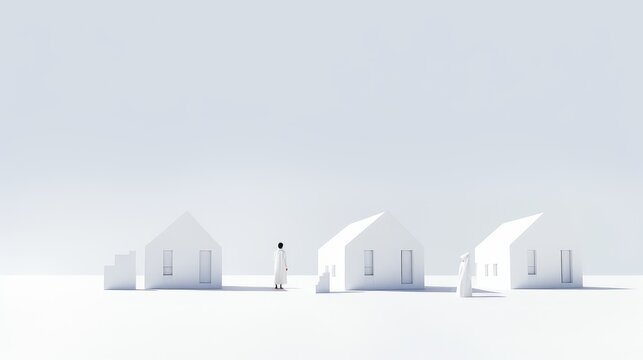Minimalist white houses in varying sizes create a harmonious composition under a pastel sky, symbolizing simplicity and order.
