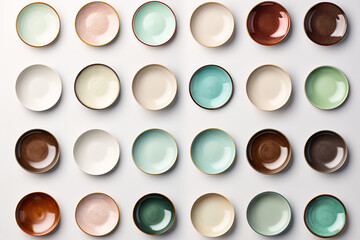 A collection of plates laid out atop a blank canvas, viewed from above.