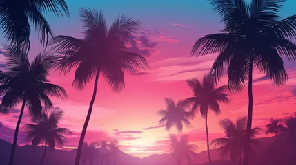 Tuinposter Palm trees silhouetted against a gradient sunset, with a vaporwave aesthetic and 3D rendering. © ckybe
