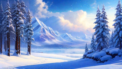 Beautiful winter landscape with snow covered trees and mountains in the background. copy space