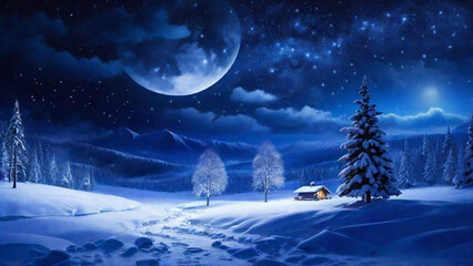 Winter landscape with house in the forest at night and full moon. snowfall
