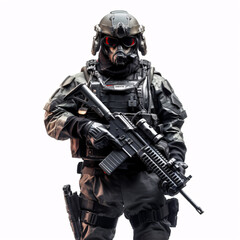 Fototapeta premium Isolated future soldier from special forces on a white backdrop, depicting a military concept.