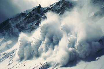 Close-up of mountains covered with snow and snow avalanche