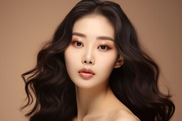 Fototapeta premium A youthful Asian woman with wavy hair and a Korean-inspired makeup look touching her flawless complexion on a neutral background.